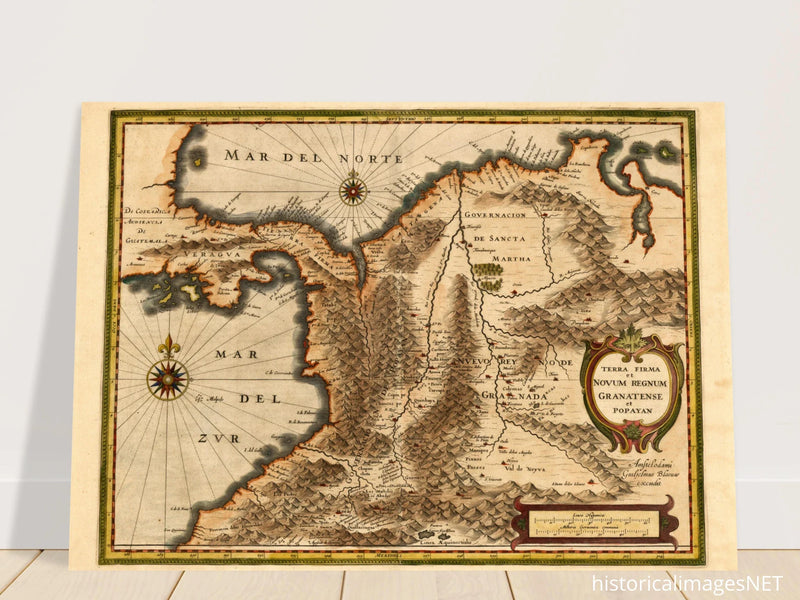 Ancient map print of Central America and the northwestern part of South America 1631.