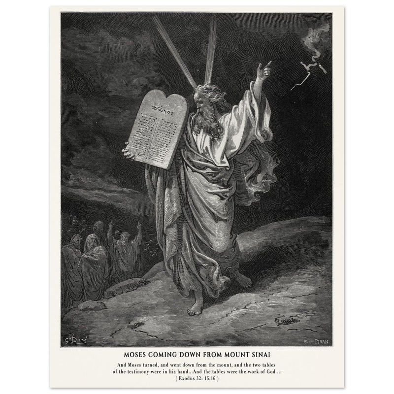 Gustave Dore The Bible engraving print . Moses coming down from Mount Sinai .