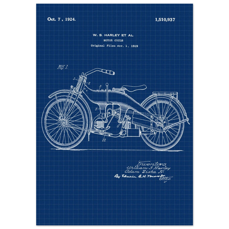 Vintage motorcycle patent by William S Harley founder of harley davidson.