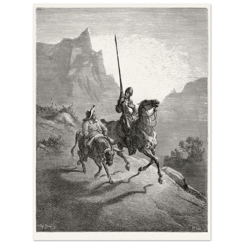 Don Quixote riding with Sancho Panza illustration by Gustave Dore.