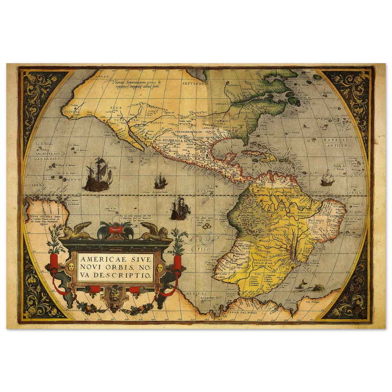 America ancient map. Americae sive novi orbis, nova descriptio by Abraham Ortelius