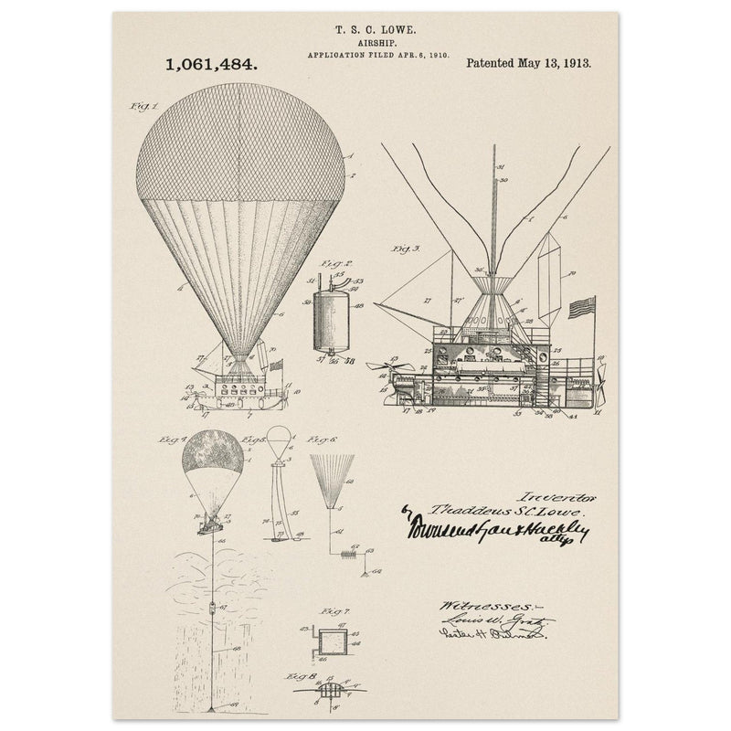 Airship patent illustration by T S C Lowe. Air Balloon