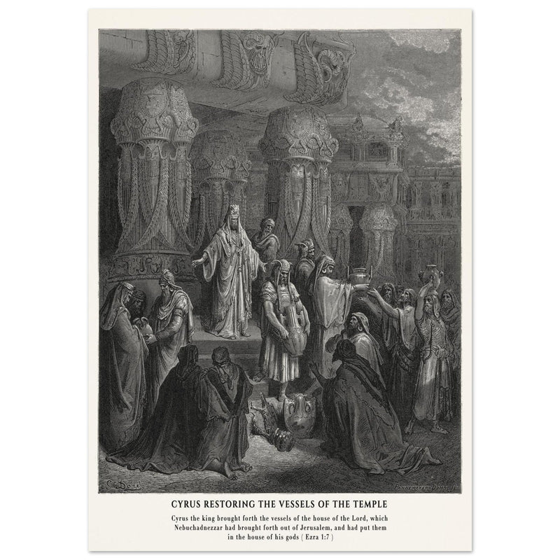 Gustave Dore The Bible engraving print . Cyrus restoring the vessesls of the temple .