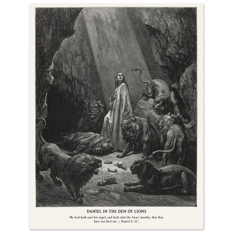 Gustave Dore The Bible engraving print . Daniel in the den of lions illustration .
