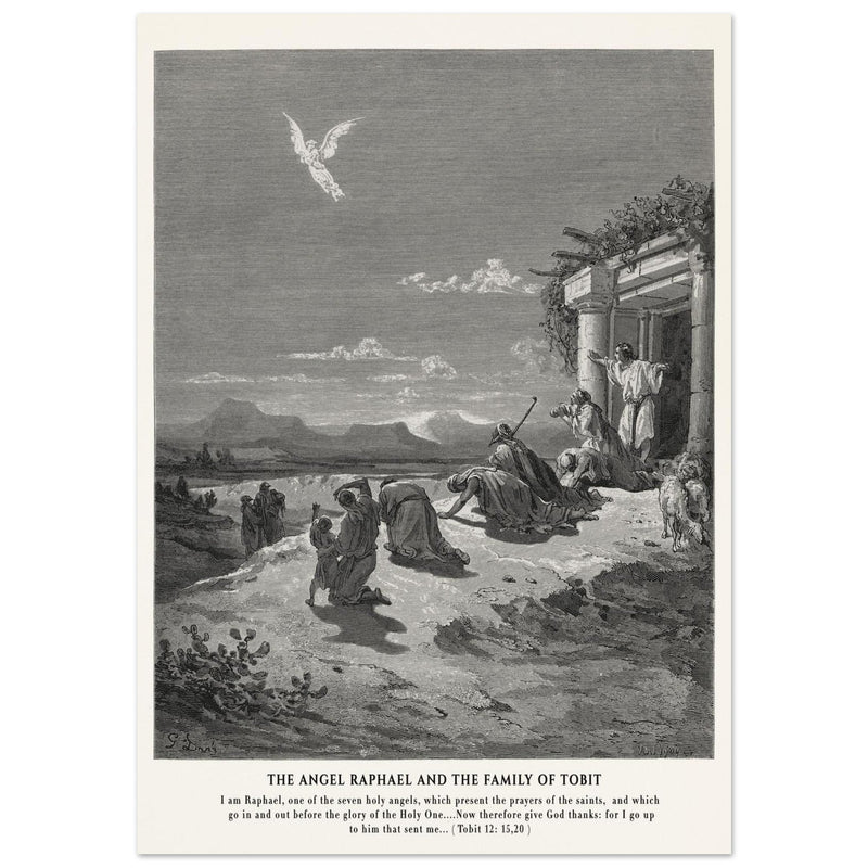 Gustave Dore The Bible engraving print . The angel Raphael and the family of Tobit.