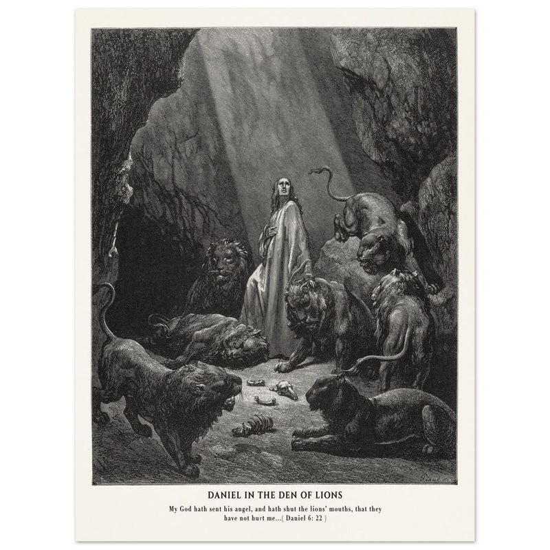 Gustave Dore The Bible engraving print . Daniel in the den of lions illustration .