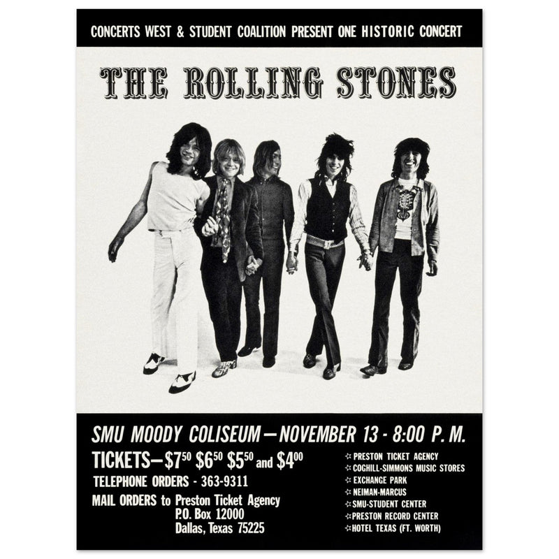 The Rolling Stones music poster of their performance at Dallas Texas in 1969.