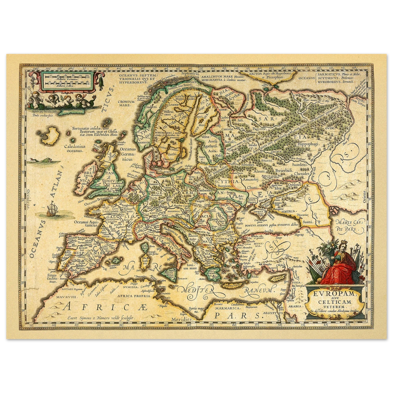 Ancient map of Europe print by Ortelius. Vintage old map reproduction poster..