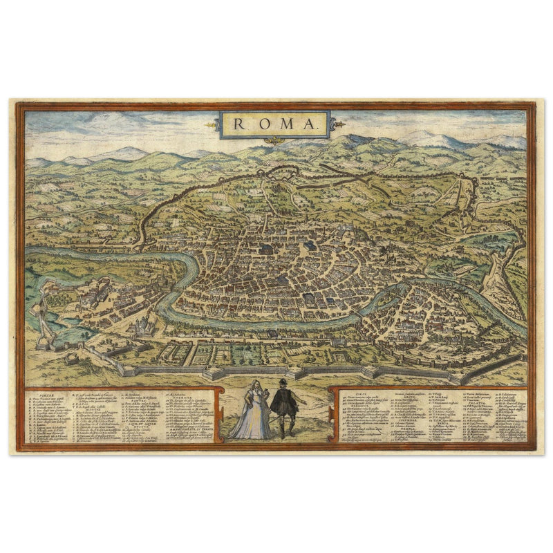 Ancient map of Rome with engravings by Georg Braun and Frans Hogenberg.