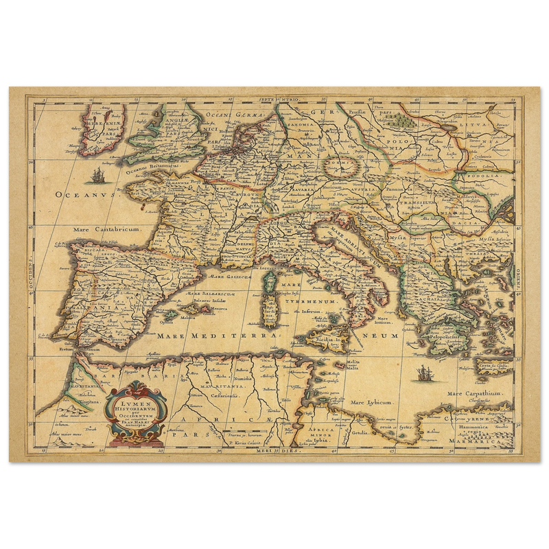 Ancient Europe map print from 1650. Lumen Historiarum per Occidentem by Petrus Kaerius