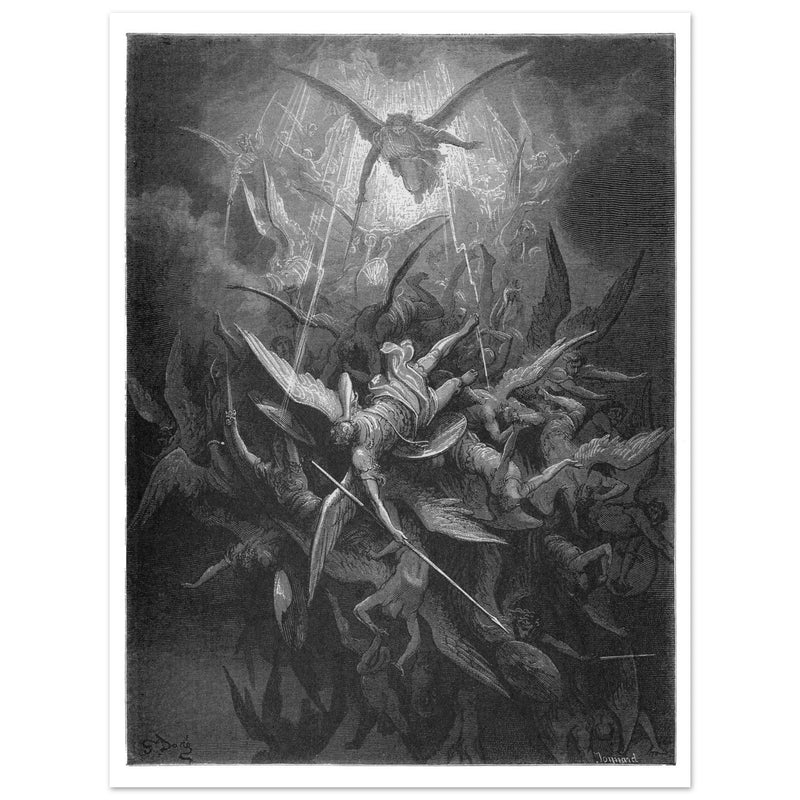 Gustave Dore  Paradise Lost engraving . Dawnfall of Satan with his fallen angels driven out from Heaven .