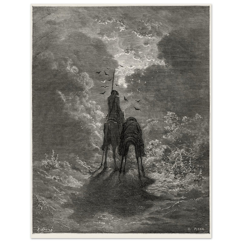 Don Quixote riding with Sancho Panza illustration by Gustave Dore.