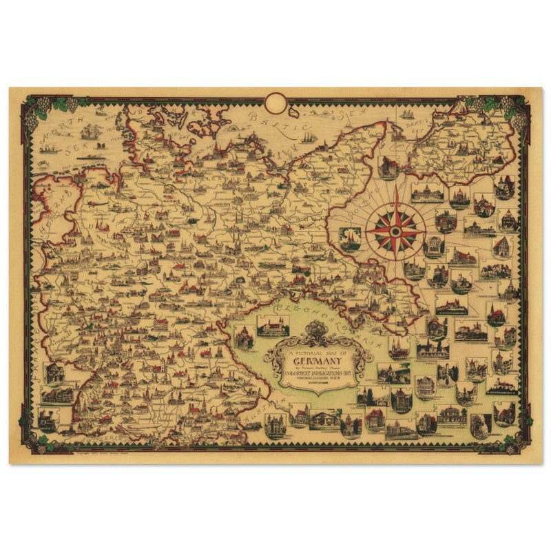 A Pictorial old ancient map of Germany by Ernest Dudley Chase.