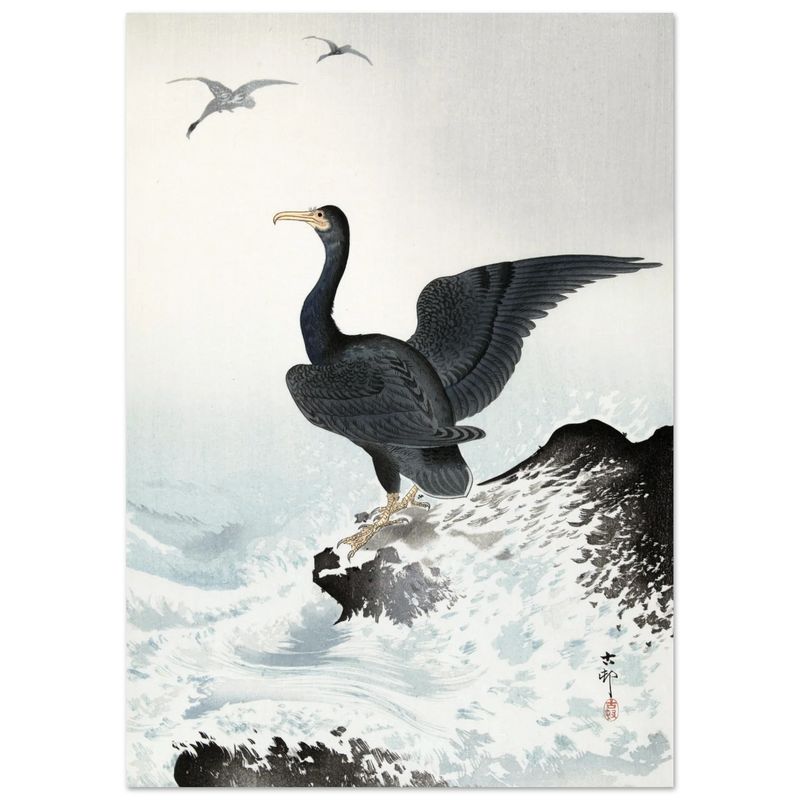 Ohara Koson Red-faced cormorant on rock, woodblock print  art