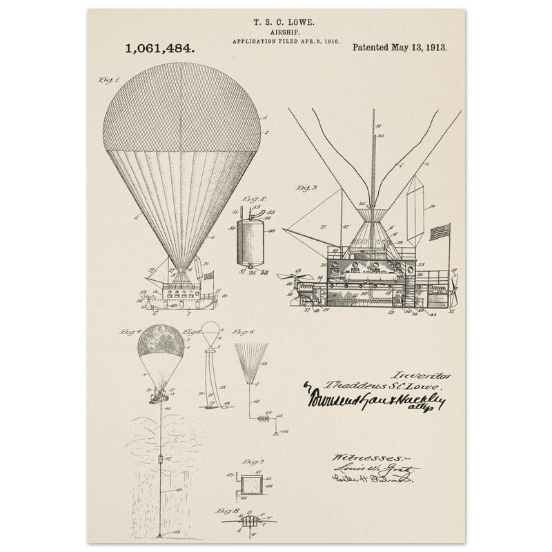 Airship patent illustration by T S C Lowe. Air Balloon