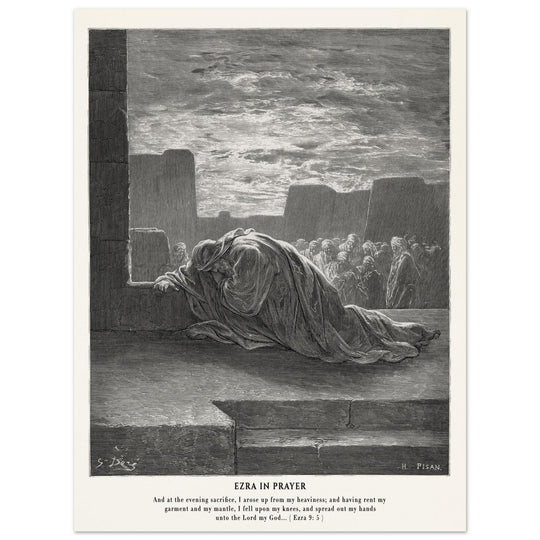 Gustave Dore The Bible engraving print . Ezra in prayer illustration .