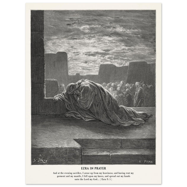 Gustave Dore The Bible engraving print . Ezra in prayer illustration .