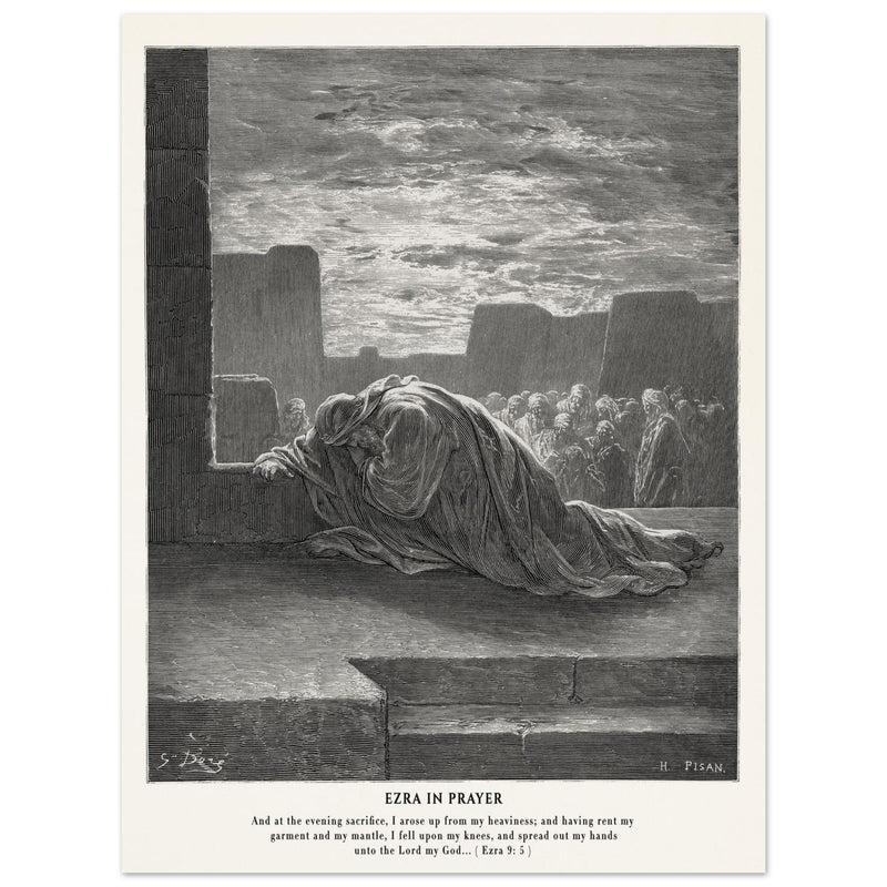 Gustave Dore The Bible engraving print . Ezra in prayer illustration .