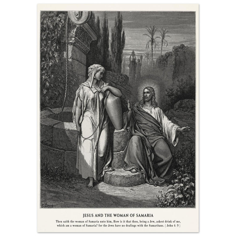 Gustave Dore The Bible engraving print . Jesus and the woman of Samaria illustration .