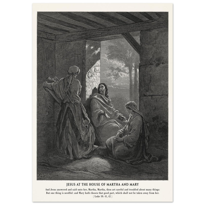 Gustave Dore The Bible engraving print . Jesus at the house of Martha and Mary .