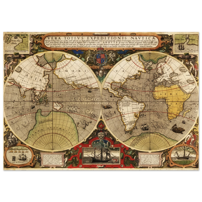 Vera Totius Expeditionis Nauticae double hemisphere map by Jodocus Hondius