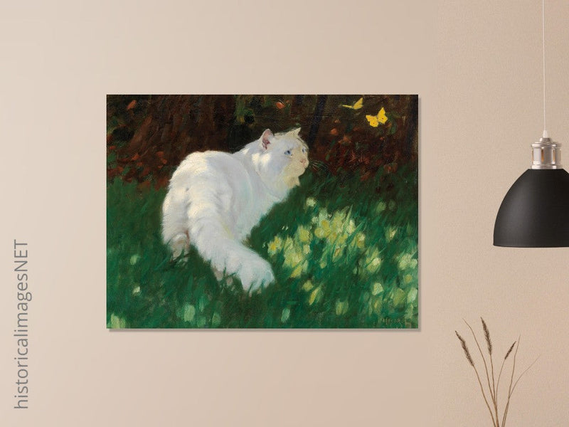White Cat and Butterflies old painting by Arthur Heyer .