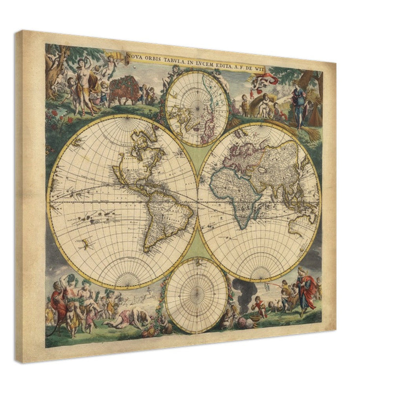 Frederik de Wit 1688 Ancient wold map. Double hemisphere antique old map reproduction. Nova orbis Tabula