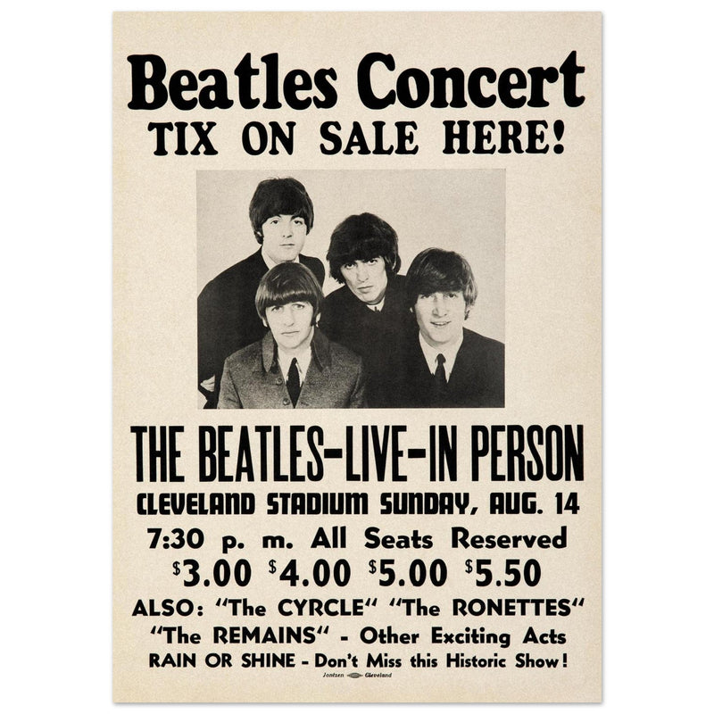 The Beatles music poster. Performance in Cleveland Ohio stadium in 1966.
