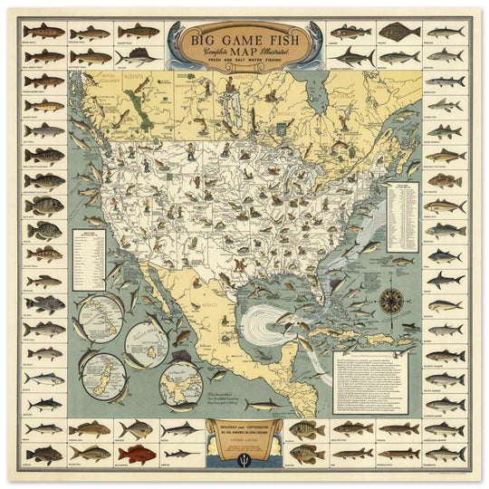 Fresh and Salt Water Big Game Fishing illustrated vintage map by Joe Godfrey Jr and Gordon Ertz