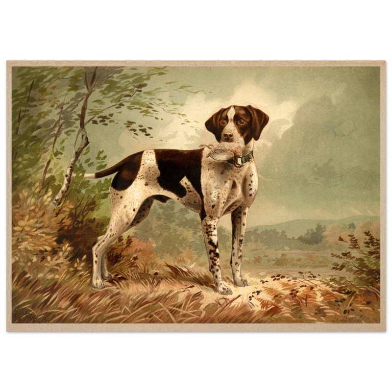 Hunting dog vintage painting poster with partridge in mouth