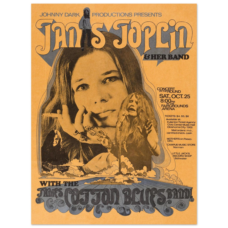 Janis Joplin music vintage concert poster . Performance in Oklahoma City 1969 with James Cotton Blues band