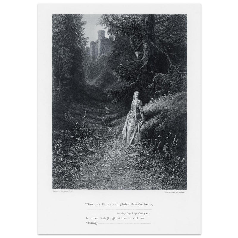 Gustave Dore illustration of King Arthur legend .Elaine on her Road to the Cave of Lancelot. book Idylls of the King by Alfred Tennyson