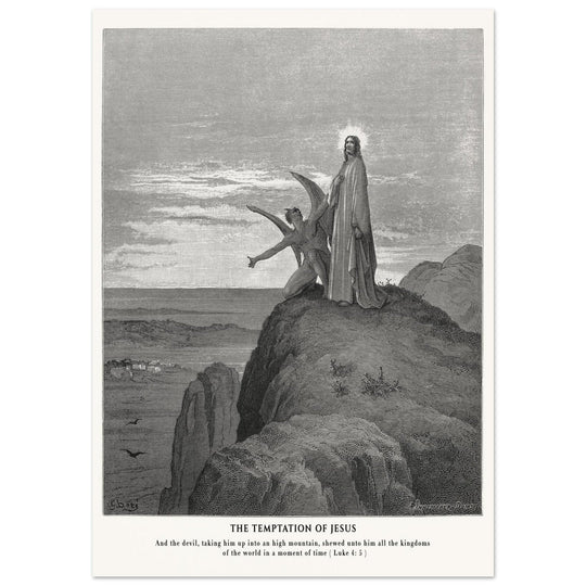 Gustave Dore The Bible engraving print . The temptation of Jesus illustration .