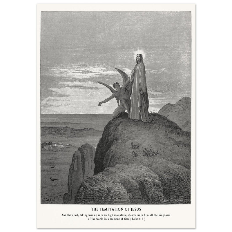 Gustave Dore The Bible engraving print . The temptation of Jesus illustration .