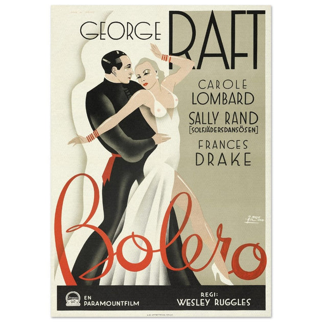Bolero George Raft and Carole Lombard movie poster. Sweddish version Vintage prints of famous films