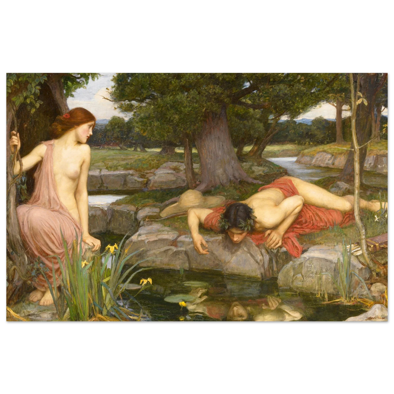 Echo and Narcissus by John William Waterhouse 1903.  from antique painting. Roman mythology.