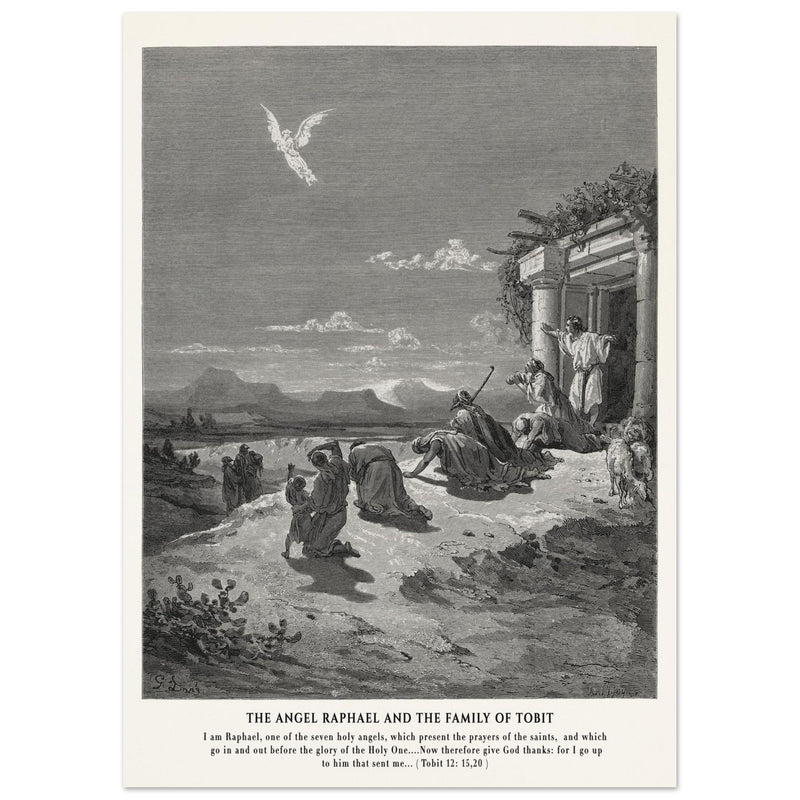 Gustave Dore The Bible engraving print . The angel Raphael and the family of Tobit.