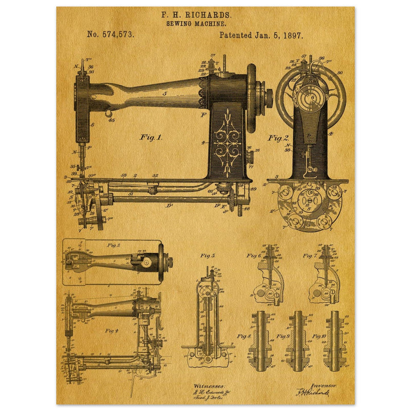 Sewing machine vintage patent 1897 by F. H Richards.