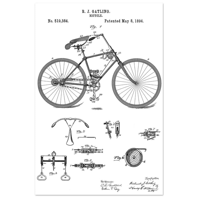 Vintage bicycle patent by Richard J Gatling 1894