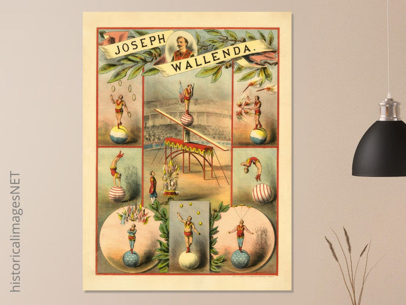 Old vintage circus print reproduction. Joseph Wallenda acrobat.