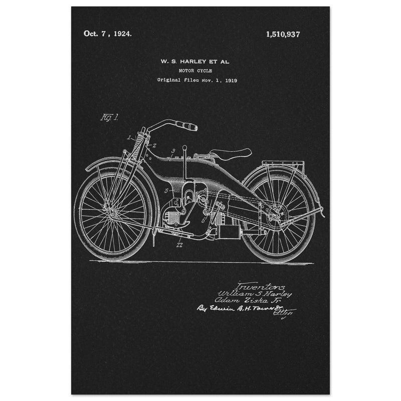 Vintage motorcycle patent by William S Harley founder of harley davidson.