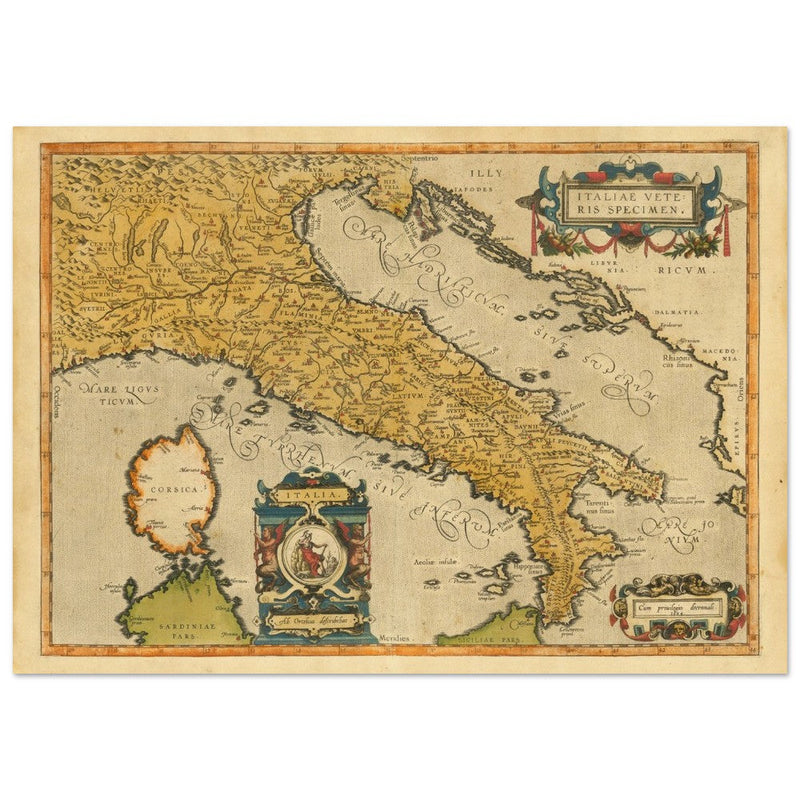 Ancient map of Italy by Abraham Ortelius. Vintage historic map.