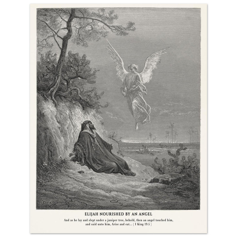 Gustave Dore The Bible engraving print . Elijah nourished by an angel illustration .