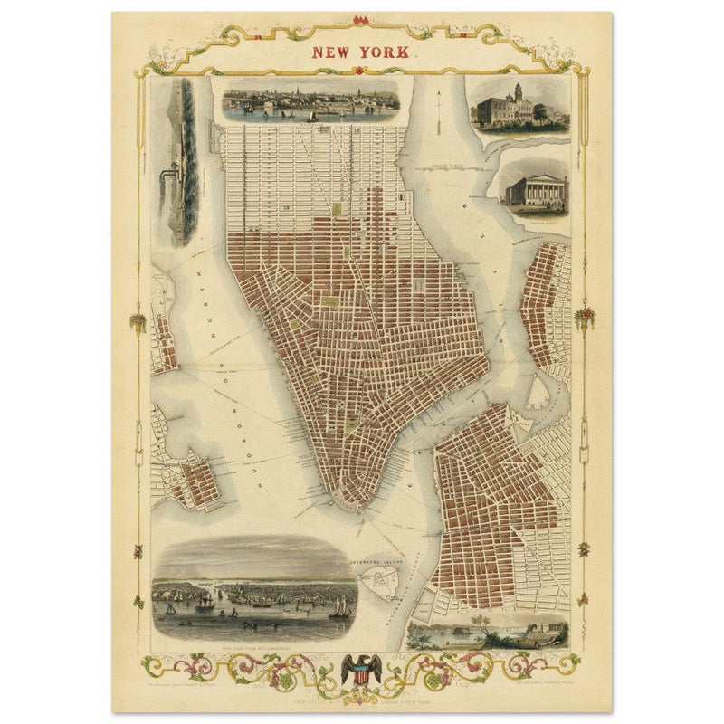 Vintage New York City map. Antique city plan of the city of New York.