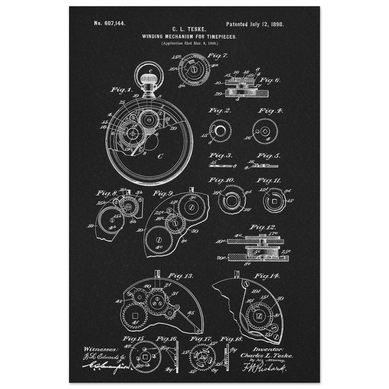 Winding Mechanism for Time Pieces, vintage clock patent .