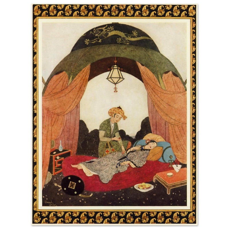 Edmund Dulac and one of his illustration for Princess Badoura fairy tale. Camaralzaman Finds the Talisman .