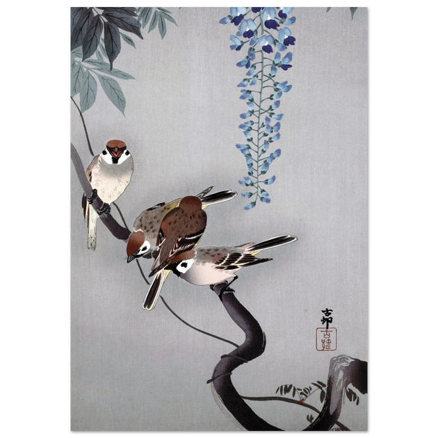 Ring sparrows at wisteria by Ohara Koson