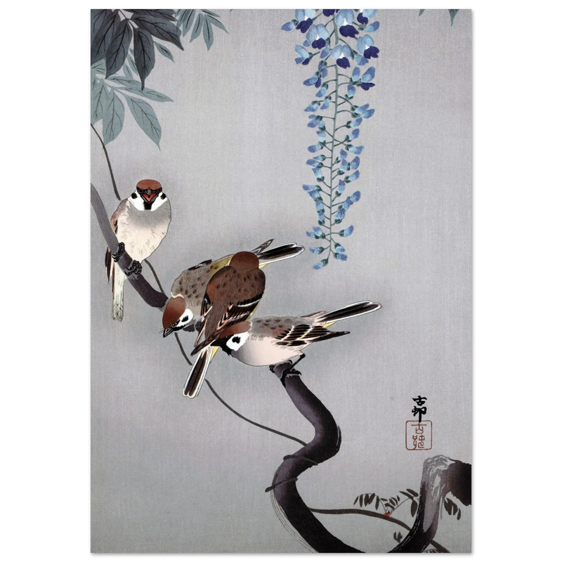 Ring sparrows at wisteria by Ohara Koson