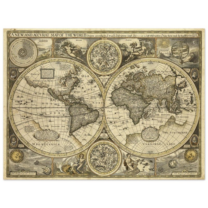 Old World map 1626. John Speed famous double hemisphere cartography with beautiful illustrations.