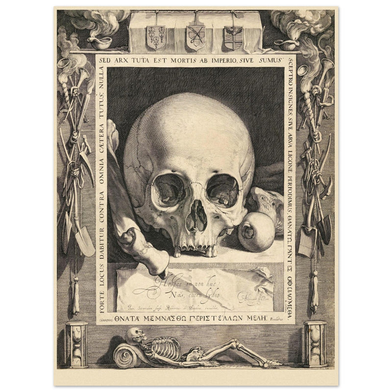 Memento Mori by Jan Saenredam, Abraham Bloemaertca.  Historical engraving .